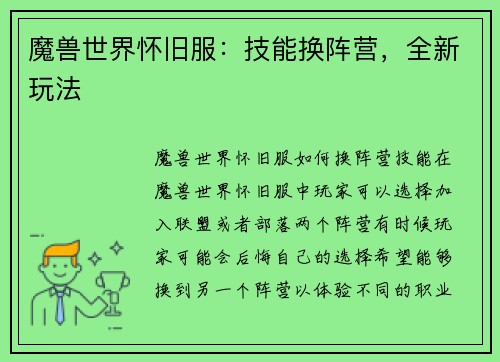 魔兽世界怀旧服：技能换阵营，全新玩法