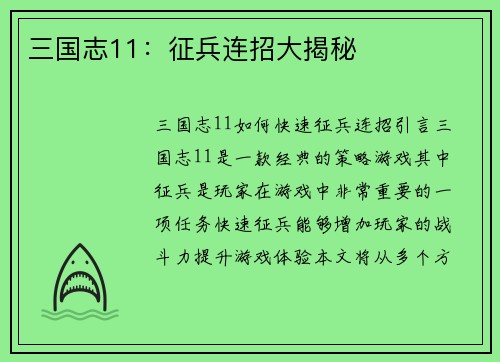 三国志11：征兵连招大揭秘