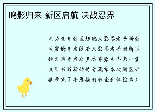 鸣影归来 新区启航 决战忍界